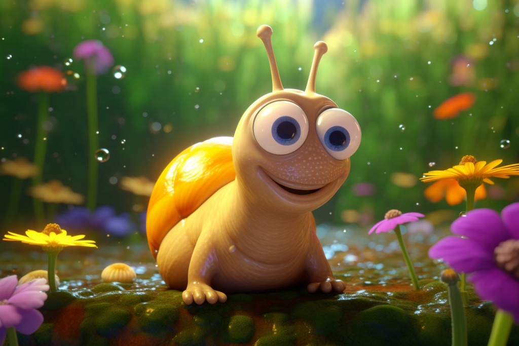 Cute cartoon snail among beautiful flowers in a forest