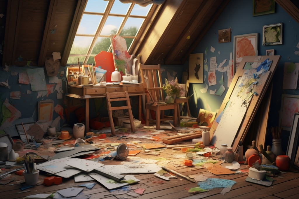 Destroyed and ransacked artist's studio with paint and canvases scattered throughout the room.