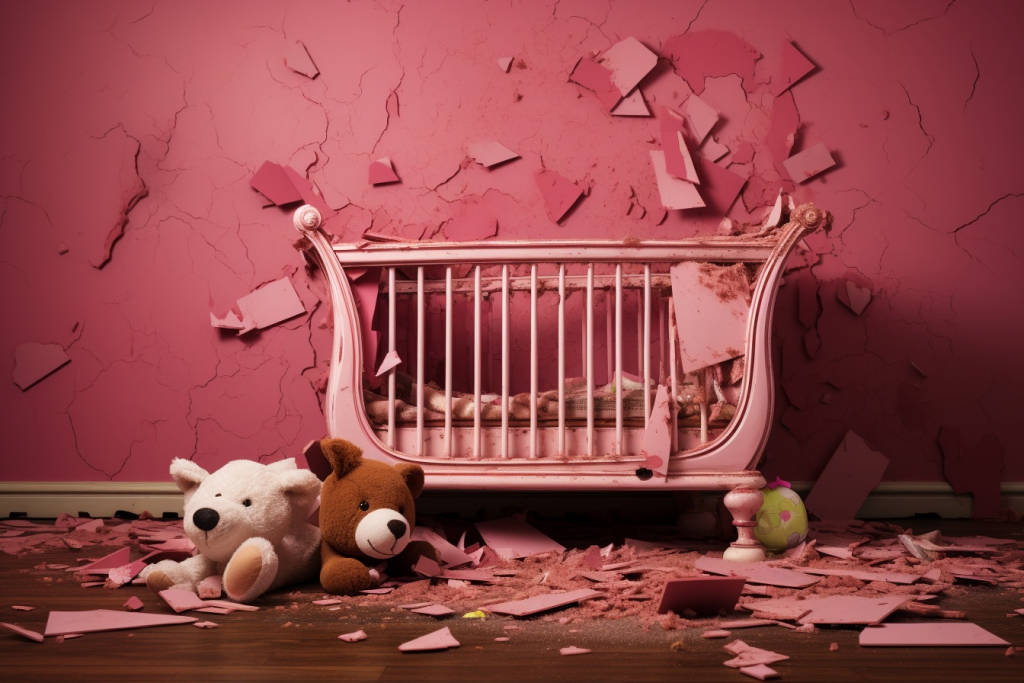 Broken and damaged pink crib against a pink wall with two kittens in front of it.