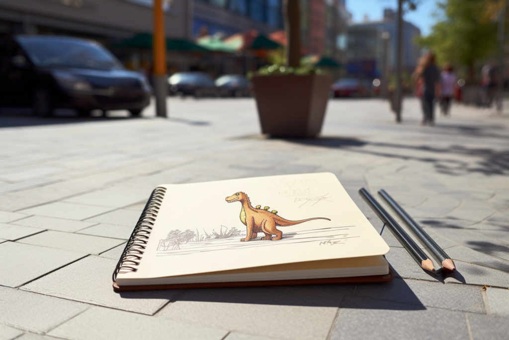Dinosaur drawing in a notebook lying on the ground on a street.