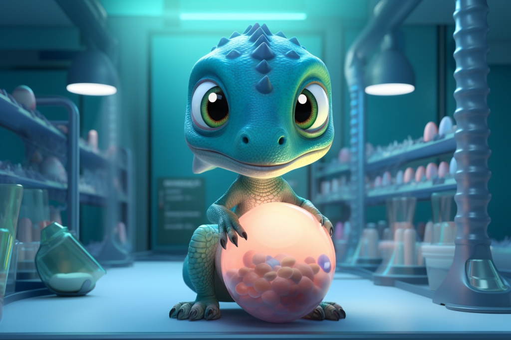 Small blue-green dinosaur holding a large dinosaur egg in the laboratory.