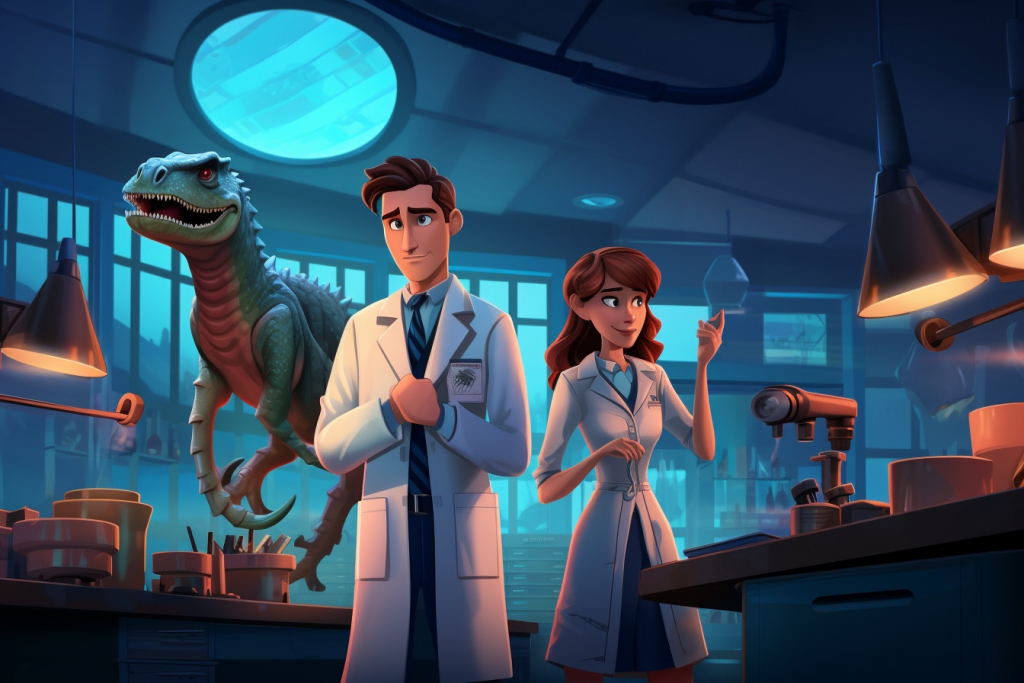 Two scientists in white coats standing in a laboratory with a dinosaur skeleton behind them.