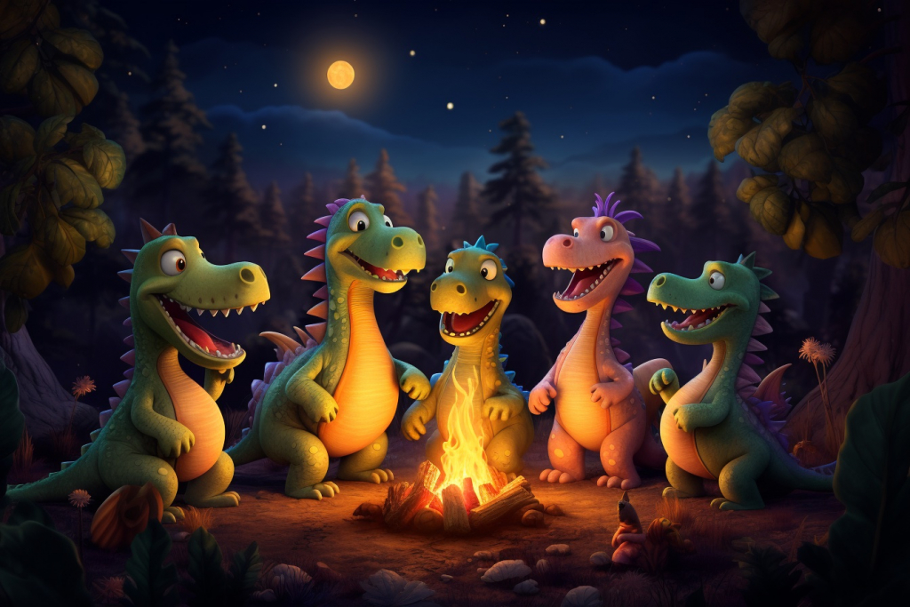 Five happy dinosaurs gathered around a cozy bonfire in a forest during the night.