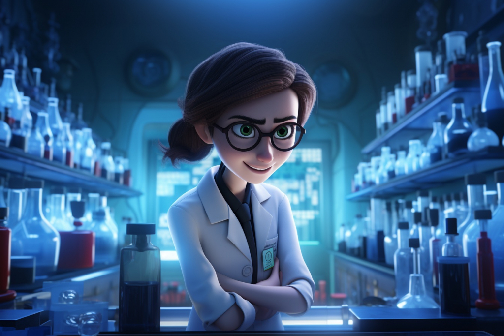 A female scientist with a sinister smile dressed in a white lab coat and with black glasses in a laboratory full of test tubes.