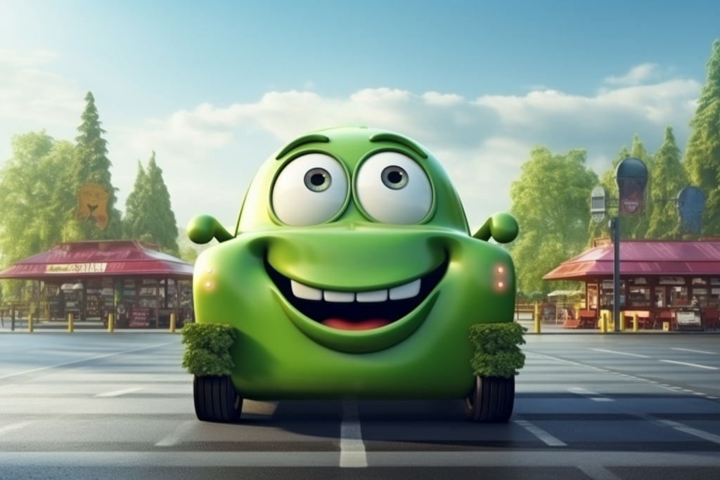 Green happy cartoon car with eyes and mouth standing on the road.