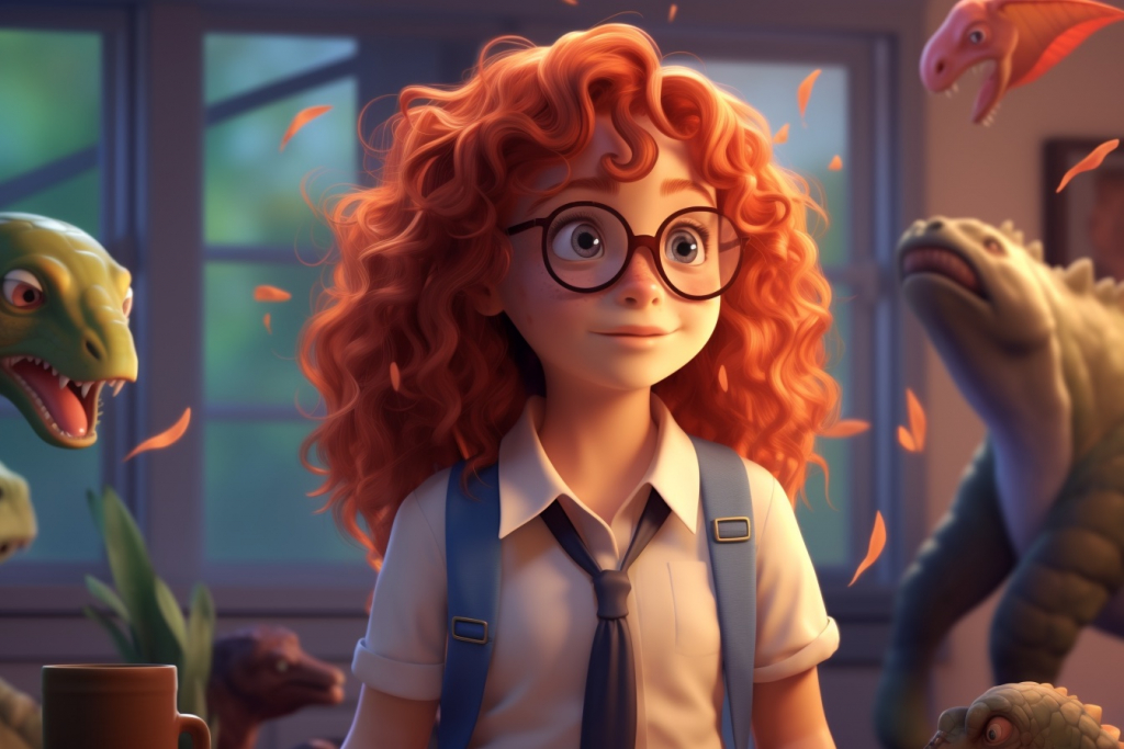 Red-haired girl with glasses and a tie in a laboratory full of dinosaurs.