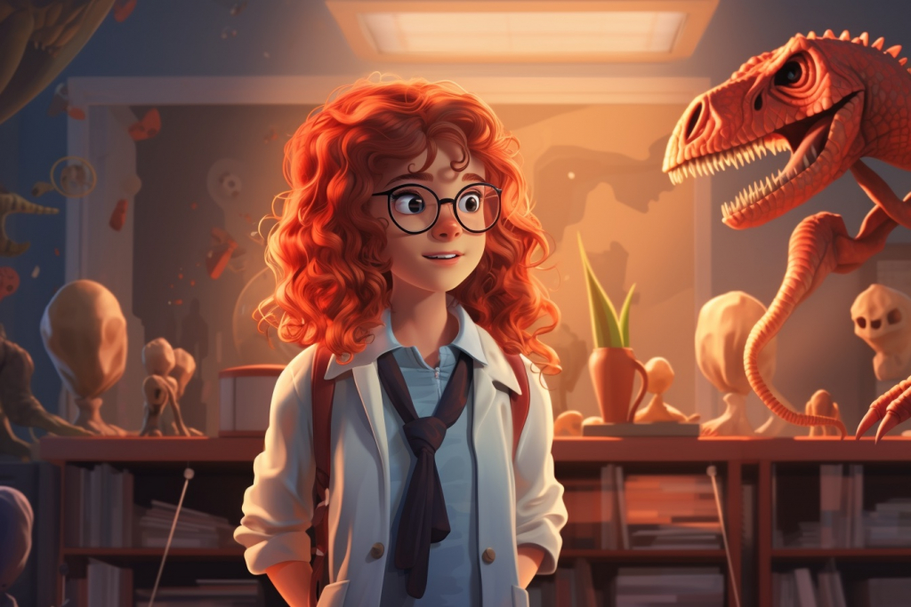 Red haired girl with glasses and black tie looking at dinosaur head skeleton.