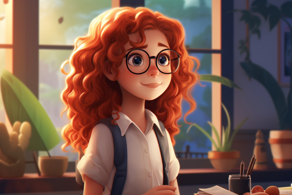 Red-haired girl with glasses and a tie in front of a window.