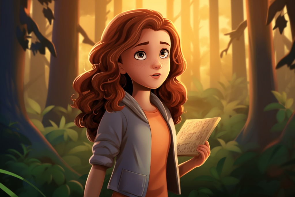 Cartoon girl with red hair holding a board game in the forest.