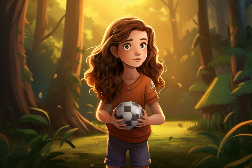 Cartoon girl with red hair holding a soccer ball in the forest.