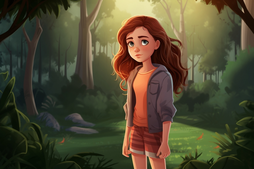Cartoon girl with red hair standing lonely in the forest.