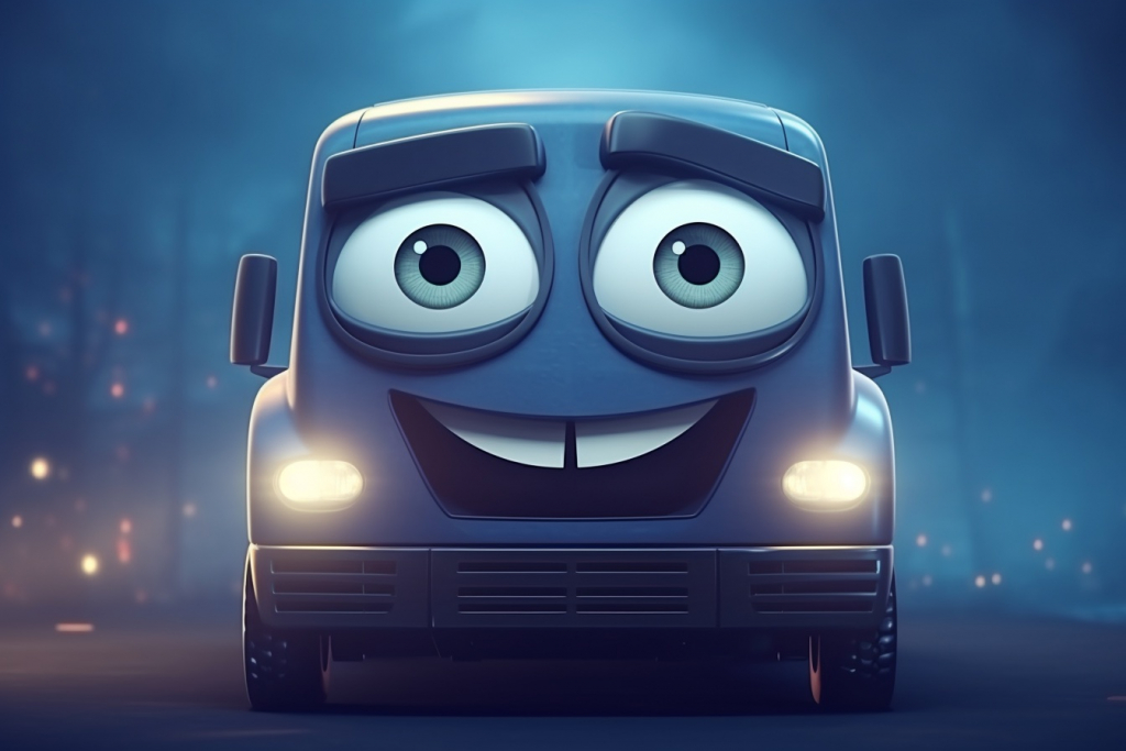 Blue cartoon SUV with eyes and mouth, headlights glowing in the night.