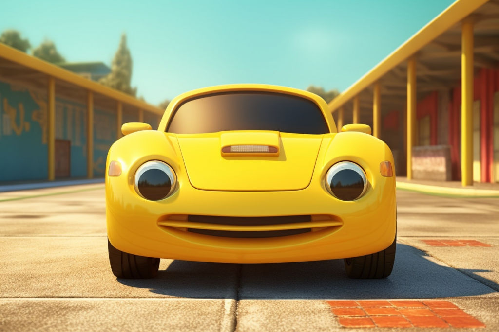 Yellow cartoon sports car with eyes and mouth parked on the road during the day.