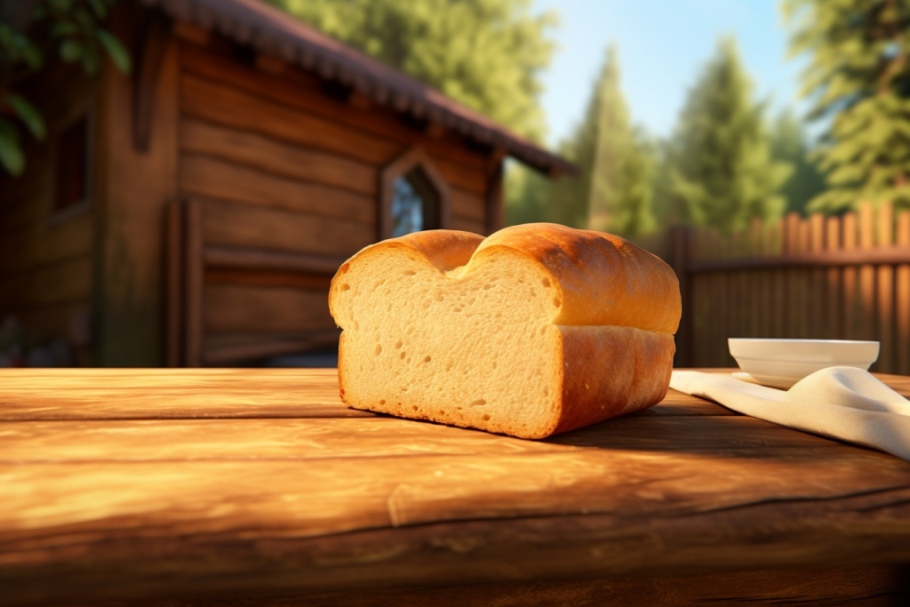 Half of a fresh bread lying on a table with a wooden cottage in the background.