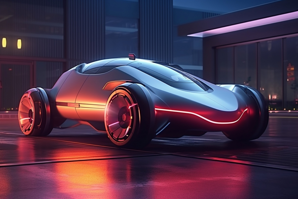 Futuristic cartoon sports car with neon style parked on a neon-lit street.