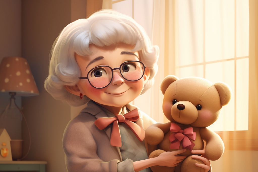 Lovely cute grandmother with a warm smile holding a teddy bear.