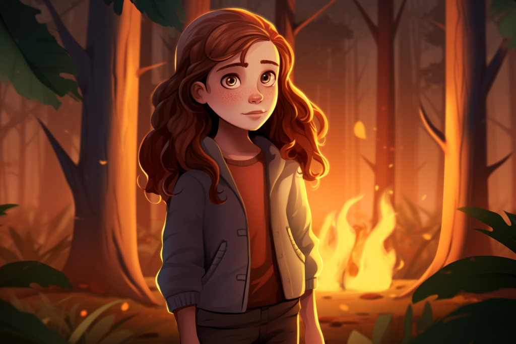 Red-haired girl with freckles standing in front of a bonfire in a forest.