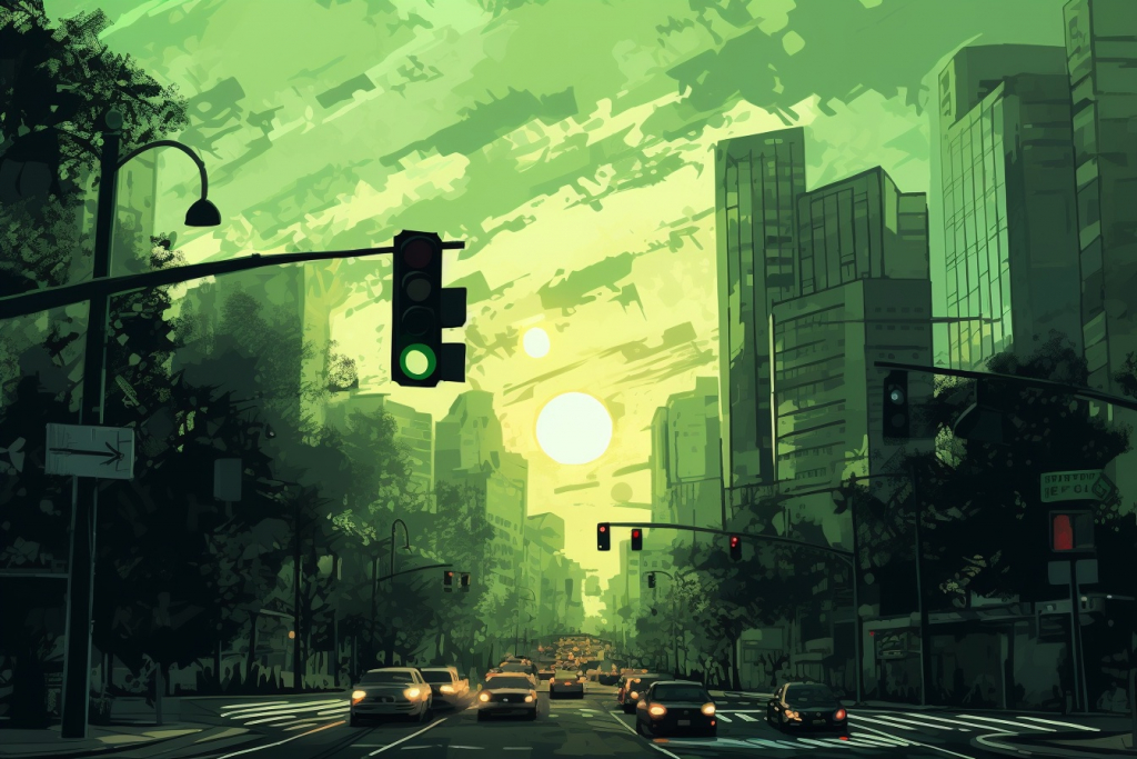 Cartoon city traffic light displaying green signal.