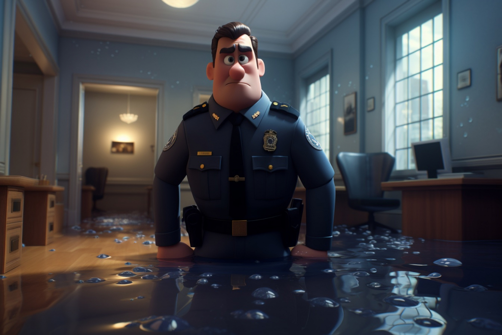 A police officer waist-deep in water in a flooded office.