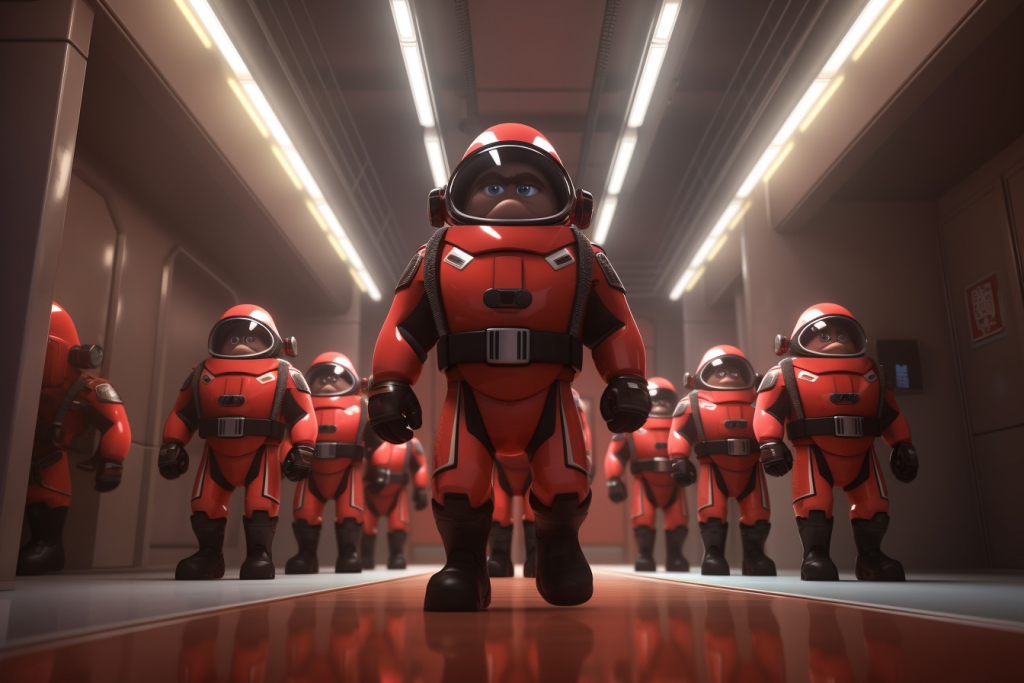 Several figures in red-black exoskeleton suits lined up in a row, serving as guards