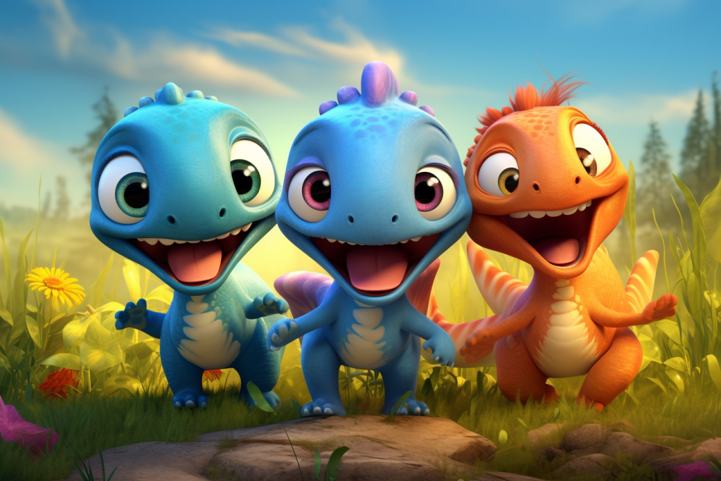 Three happy cartoon dinos standing outside.