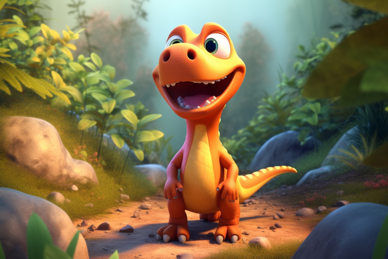 Happy cartoon orange dinosaur standing in the forest with such a wide smile