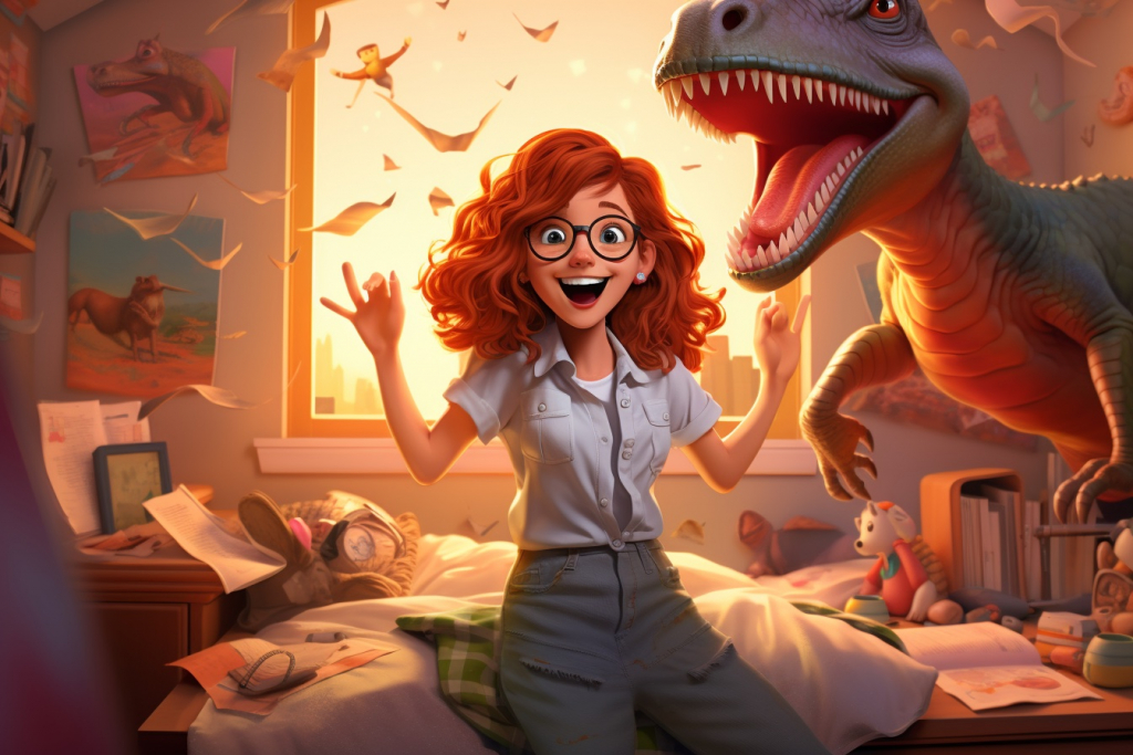 Red-haired girl with black glasses with a happy face in a room with dinosaurs skeleton.
