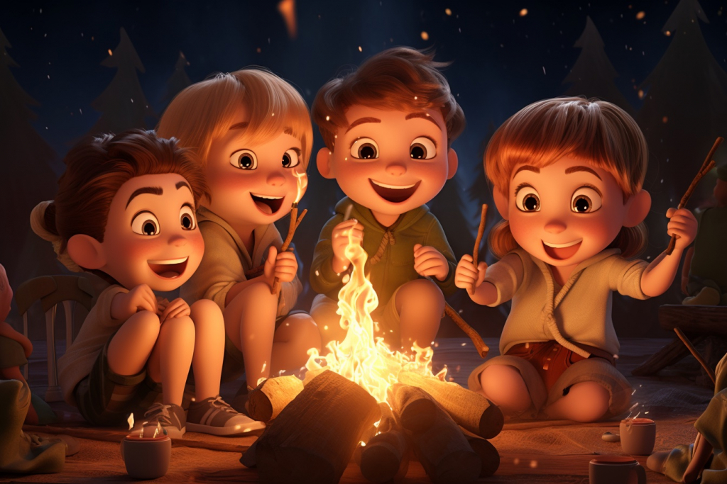 Four happy young kids sitting and talking around a bonfire in a forest.