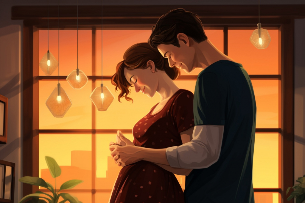Illustrated happy couple smiling, man embracing pregnant woman in front of a window.