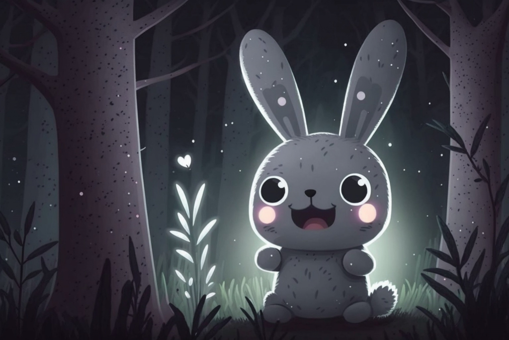 Cartoon grey happy rabbit with pink cheeks in a dark forest during a night.