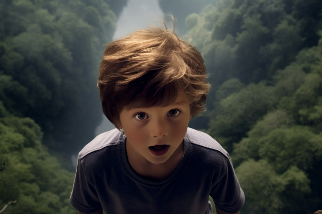 Young boy with a surprised look in the forest, large chasm looming behind him.