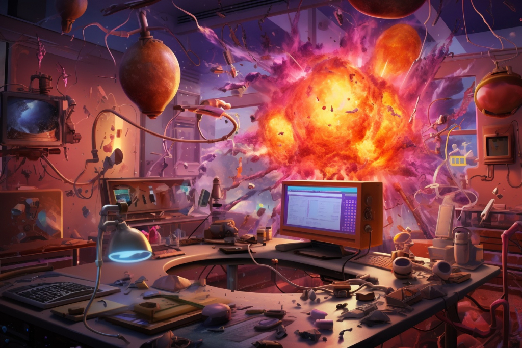 Cartoonish explosion of the entire laboratory with computers inside.
