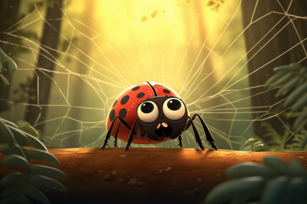 Cartoon ladybug stuck in a spider web in a forest.