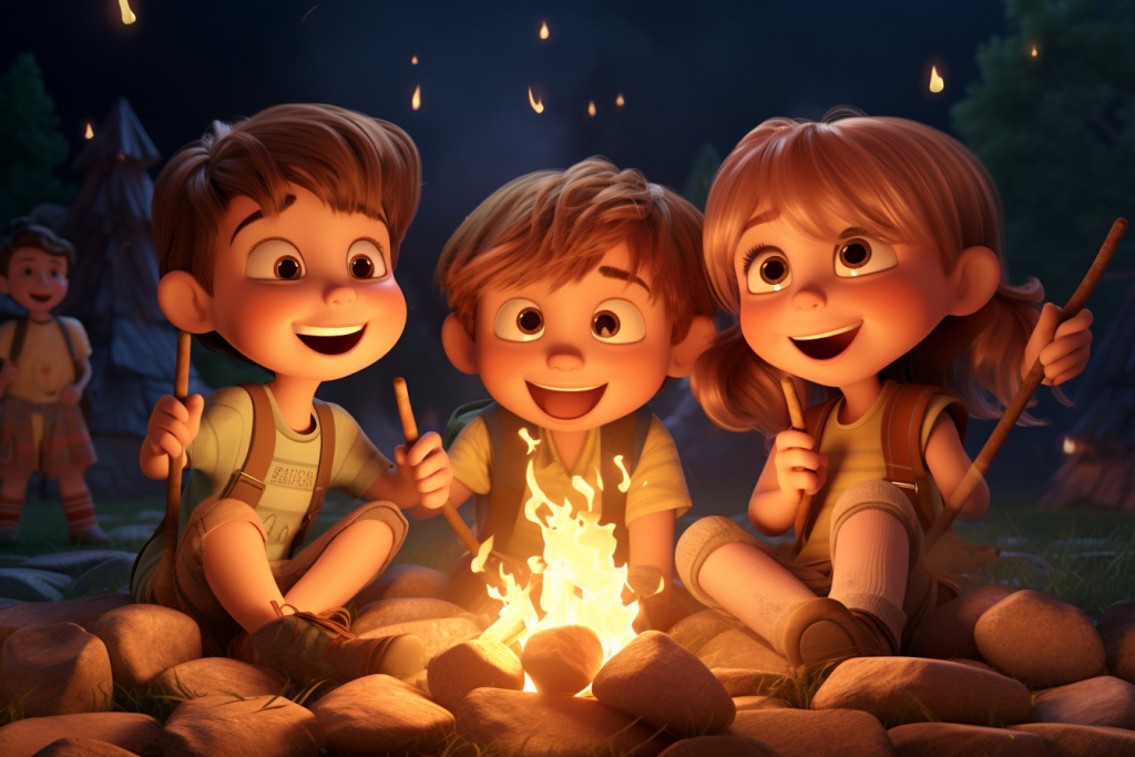 Three happy young kids sitting and talking around a bonfire in a forest.
