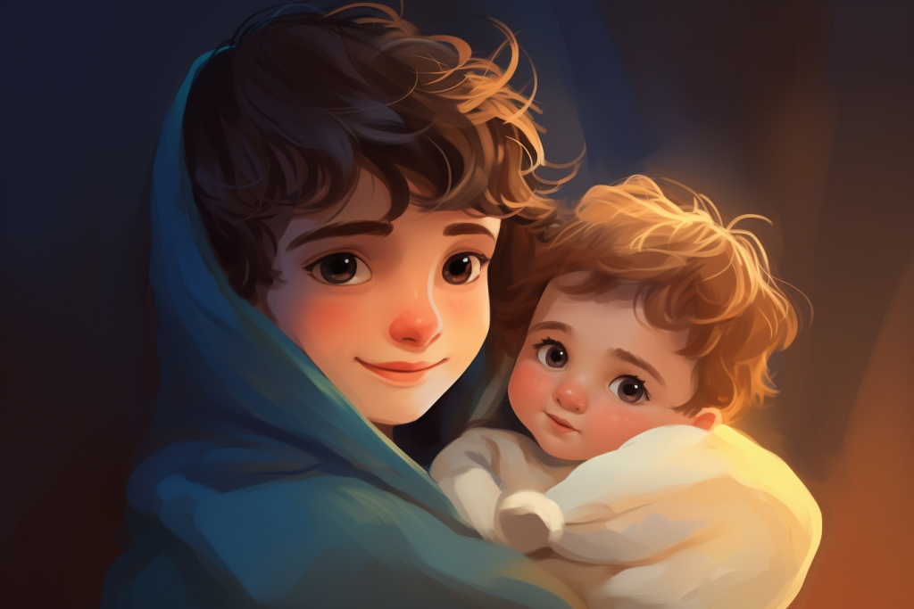 Illustrated little boy with brown curly hair in a green hoodie holding a baby.