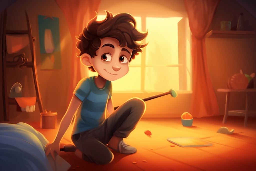 Illustrated little boy sitting in a brightly lit children's room with a smile.