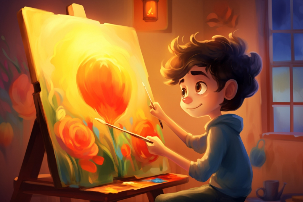 Young boy with brown hair and eyes drawing a red flower on canvas in a room.