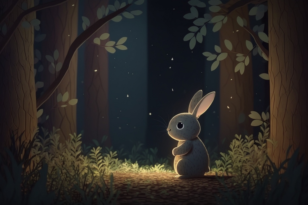 Cartoon lonely grey rabbit in a dark forest during night.