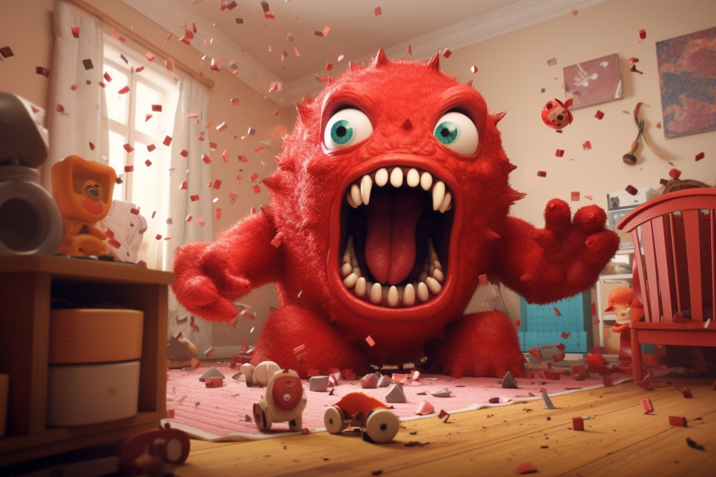 Cartoon red monster with large teeth and eyes, without ears, angrily destroying everything in a children's room.