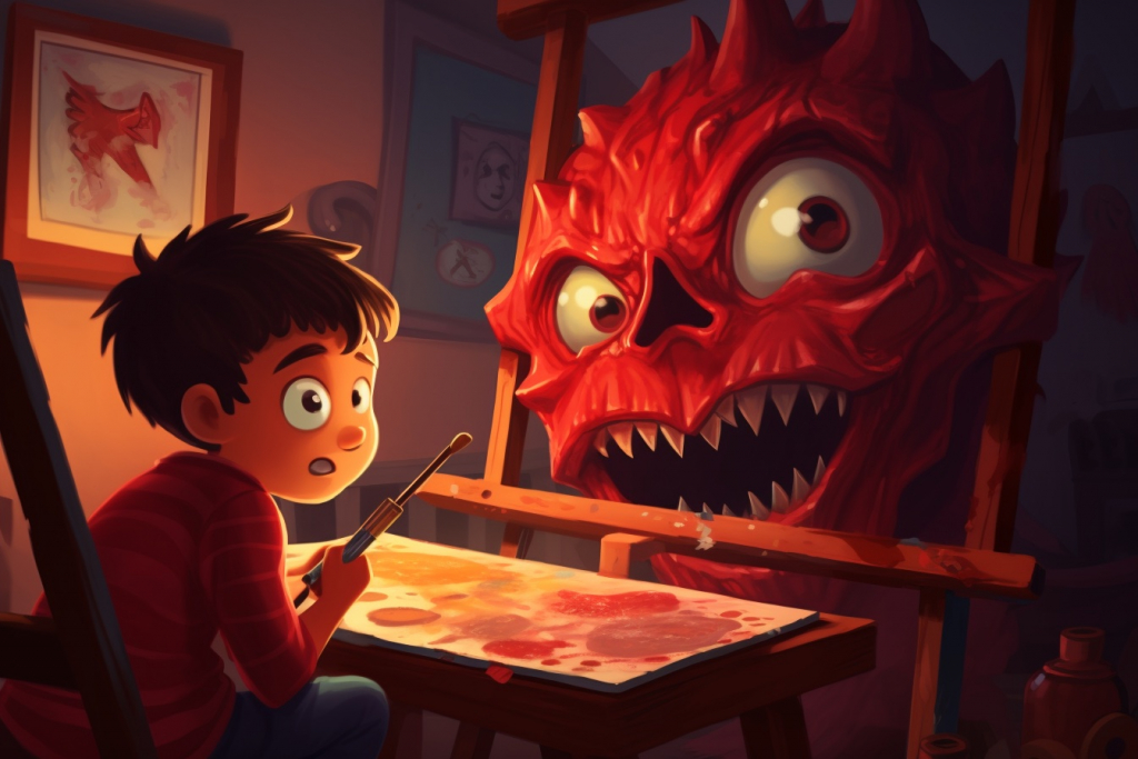 Cartoon boy drawing on a canvas, featuring a red monster with large teeth and eyes.