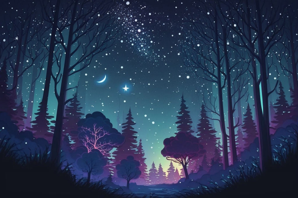 Beautiful cartoon sparkling night sky with forest.