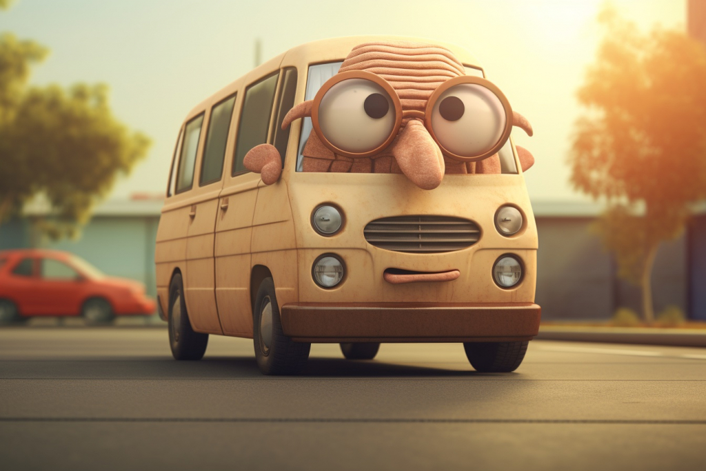 Brown cartoon van with a prominent nose and wearing glasses.