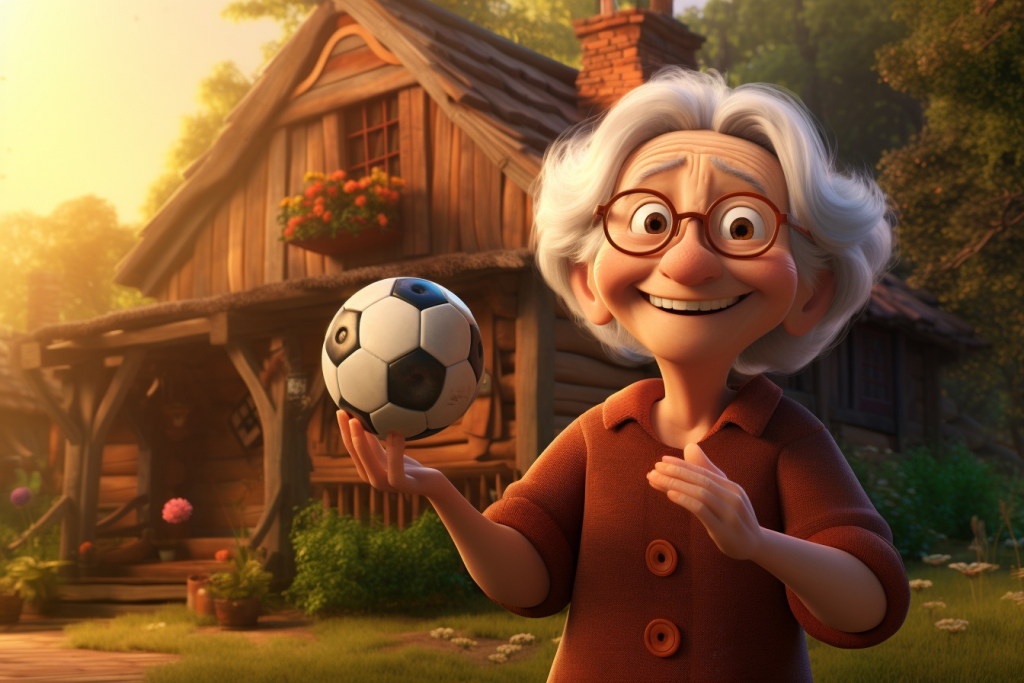 Happy grandmother standing in front of a cottage in the forest, holding a soccer ball