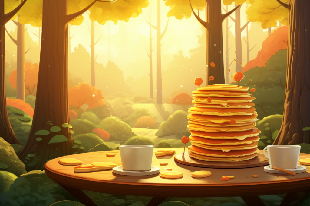 Stack of pancakes with two cups on a table in the middle of the forest under bright light.