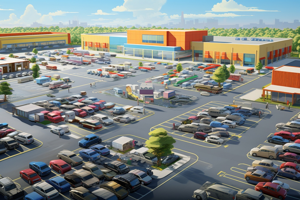 "Top view of a large cartoon parking lot filled with cars outside a big supermarket.