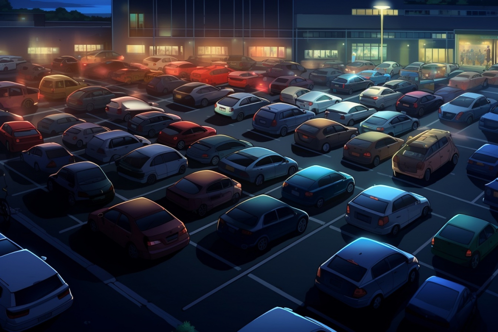 Nighttime top view of a large cartoon parking lot filled with cars outside a big supermarket.