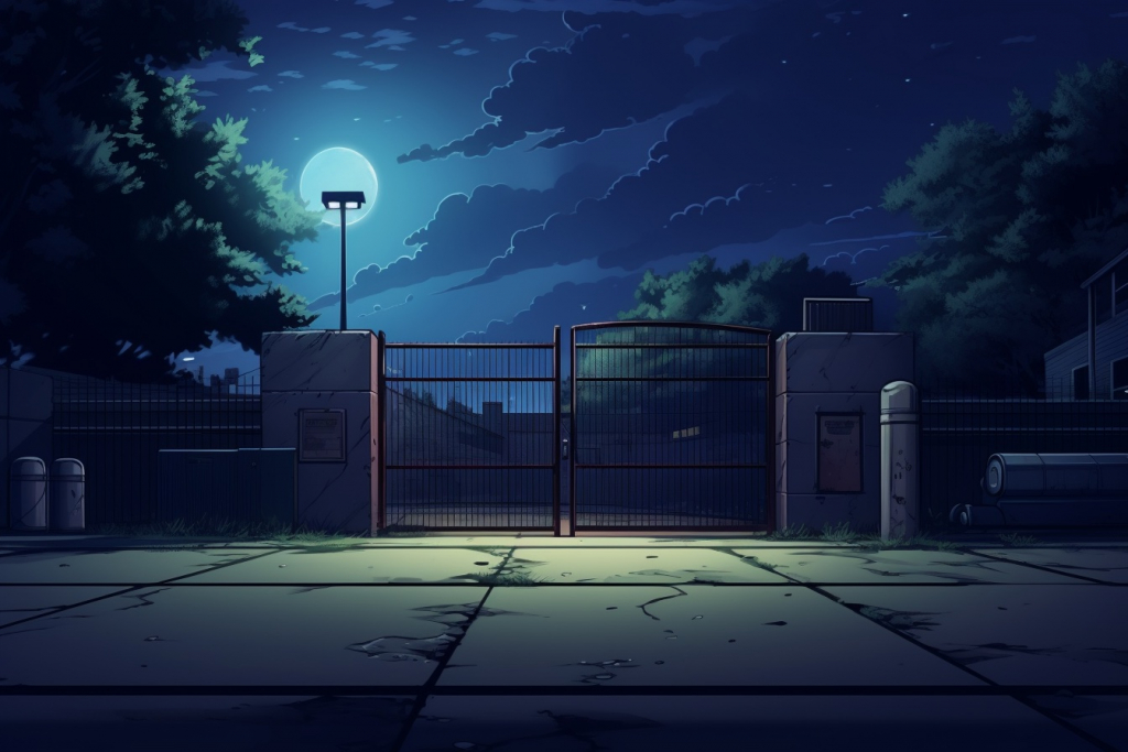 Cartoon parking lot entrance gate at night, street view.