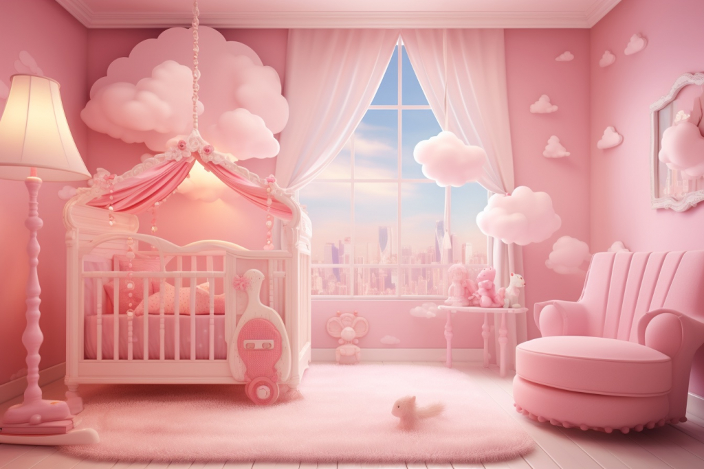 Cartoon pink room with pink bed, rug, and walls, with an open window.