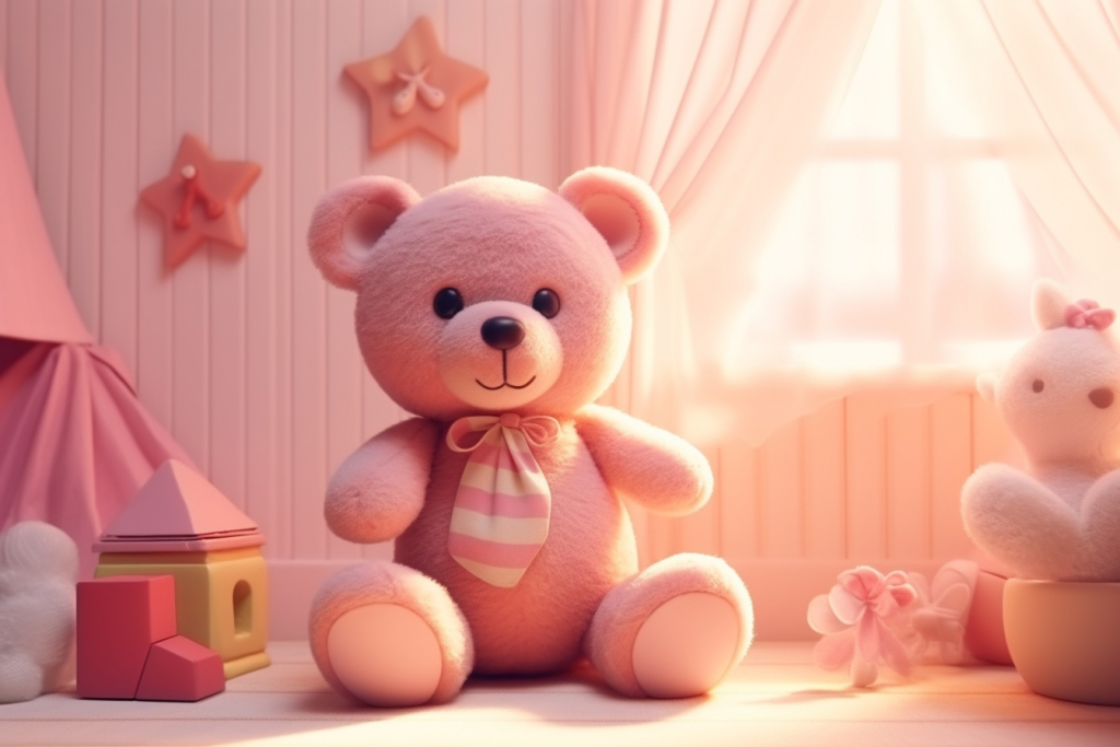 Cartoon pink teddy bear with a pink tie sitting in a pink room.