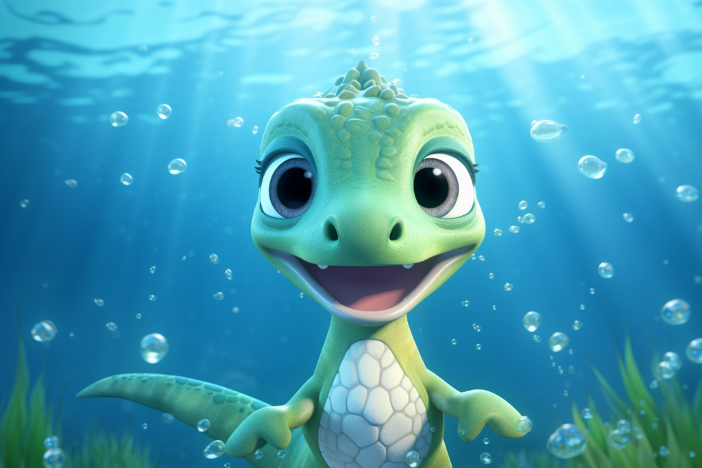 Small dinosaur with a cute expression and a smile, swimming in the water.